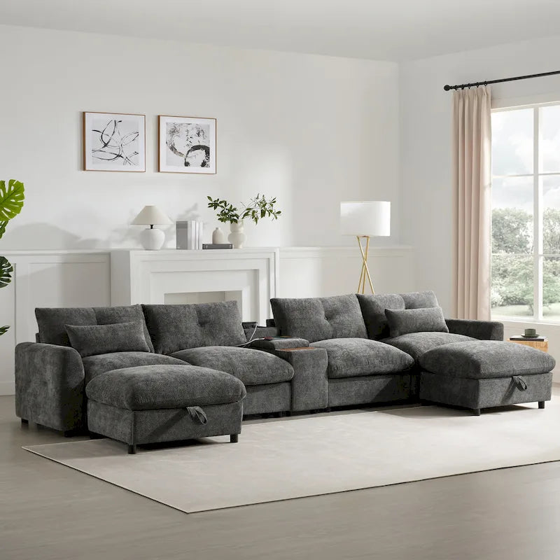 142 Modulares U-förmiges Sektionalsofa mit Aufbewahrungshocker und Konsole