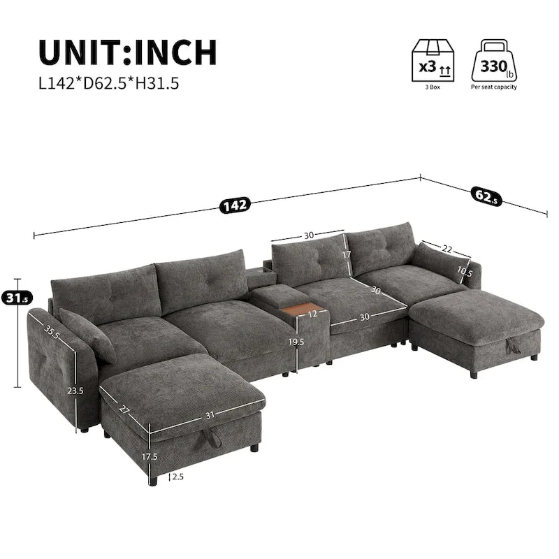 142 Modulares U-förmiges Sektionalsofa mit Aufbewahrungshocker und Konsole