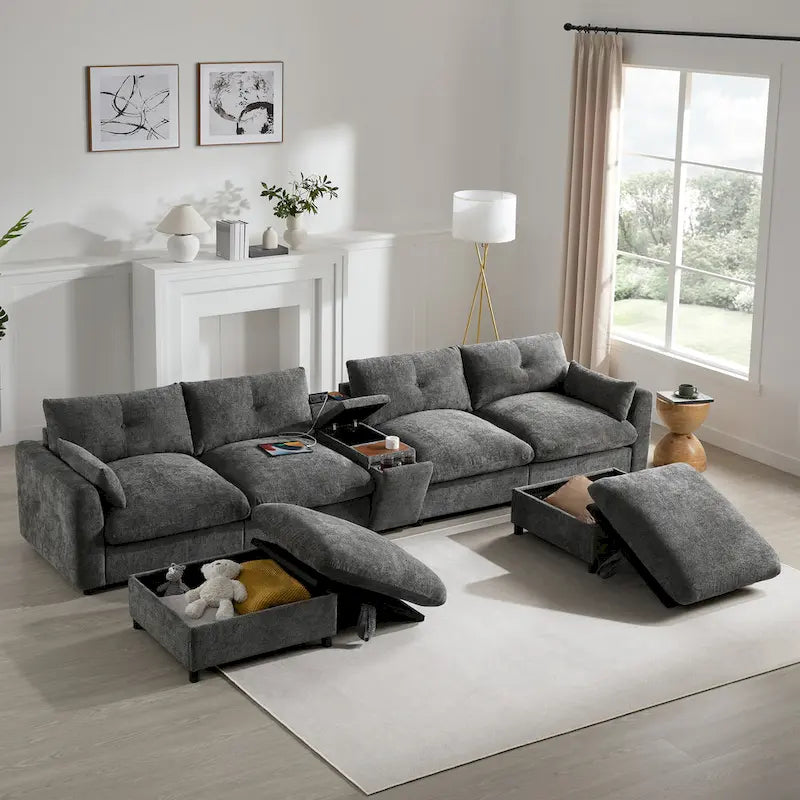 142 Modulares U-förmiges Sektionalsofa mit Aufbewahrungshocker und Konsole