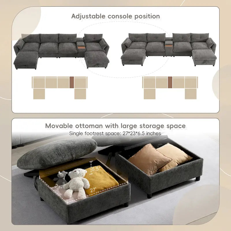 142 Modulares U-förmiges Sektionalsofa mit Aufbewahrungshocker und Konsole