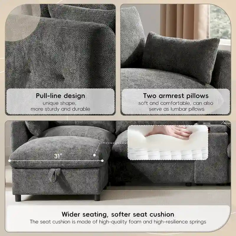 142 Modulares U-förmiges Sektionalsofa mit Aufbewahrungshocker und Konsole
