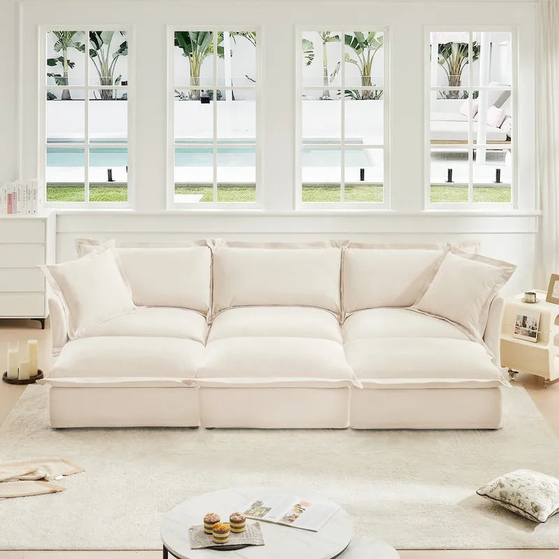 120 Chenille Ecksofa 3-Sitzer mit 3 Ottomanen