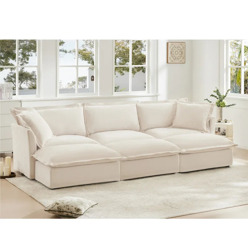 120 Chenille Ecksofa 3-Sitzer mit 3 Ottomanen