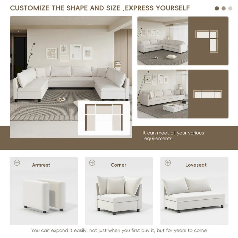116 Chenille U-förmiges modulares Ecksofa, 8-Sitzer
