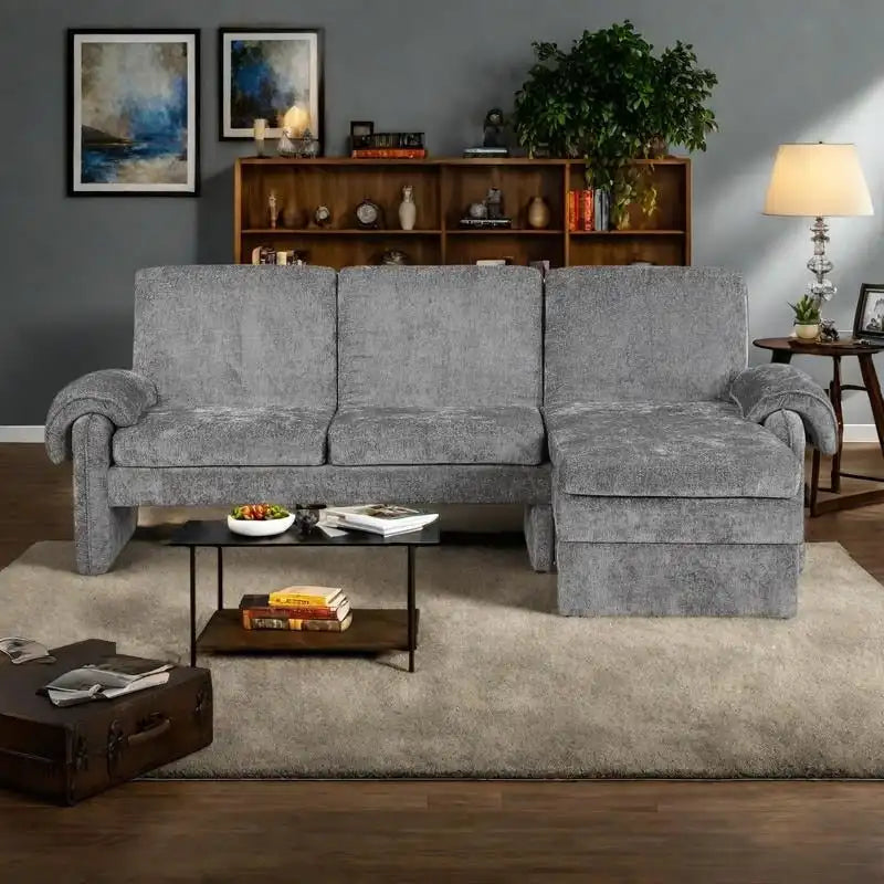 94.1 Chenille L-förmiges Futonsofa mit verstellbarer Rückenlehne und umkehrbarer Recamiere