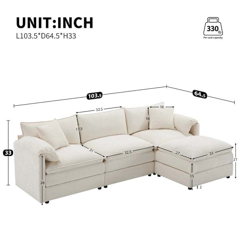 103,5 Chenille-Ecksofa mit 4-Sitzer L-förmiger Cloud-Couch und Ottomane & Taschenfederkernkissen (330lb Tragkraft)