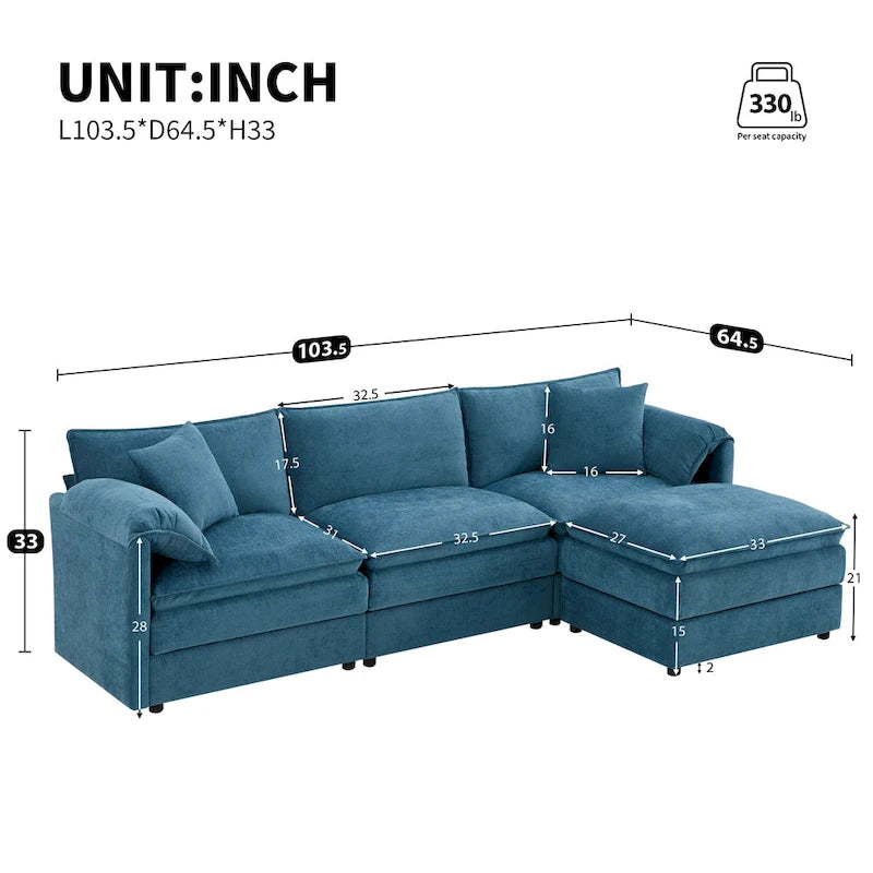 103,5 Chenille-Ecksofa mit 4-Sitzer L-förmiger Cloud-Couch und Ottomane & Taschenfederkernkissen (330lb Tragkraft)