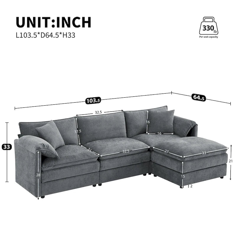 103,5 Chenille-Ecksofa mit 4-Sitzer L-förmiger Cloud-Couch und Ottomane & Taschenfederkernkissen (330lb Tragkraft)