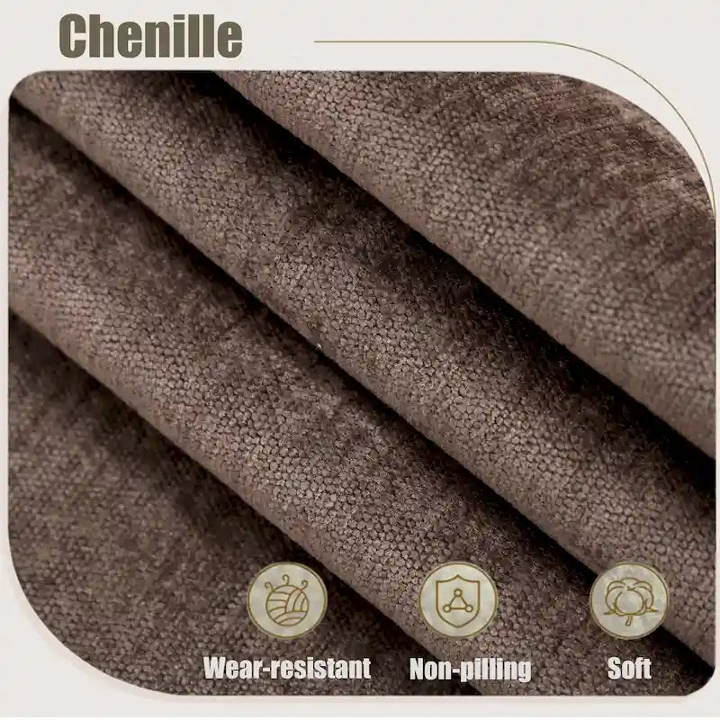 109.5 Chenille 6-Sitzer L-förmiges Ecksofa mit nietenverzierten gerollten Armlehnen, Kissen und Holzrahmen