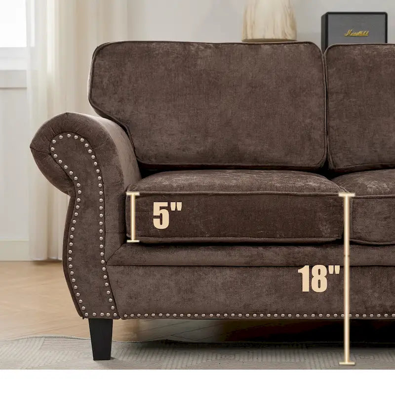 109.5 Chenille 6-Sitzer L-förmiges Ecksofa mit nietenverzierten gerollten Armlehnen, Kissen und Holzrahmen