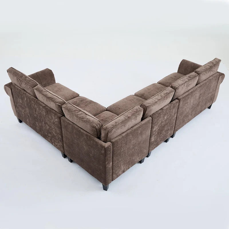109.5 Chenille 6-Sitzer L-förmiges Ecksofa mit nietenverzierten gerollten Armlehnen, Kissen und Holzrahmen