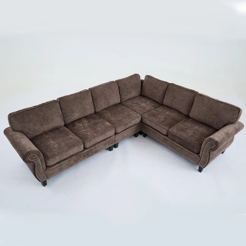 109.5 Chenille 6-Sitzer L-förmiges Ecksofa mit nietenverzierten gerollten Armlehnen, Kissen und Holzrahmen