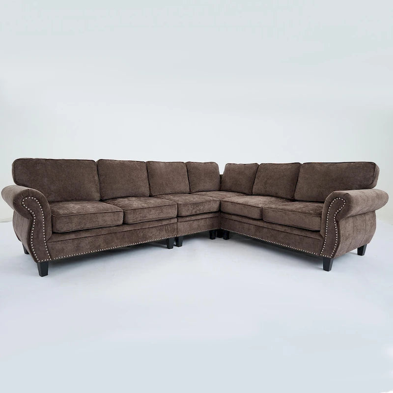 109.5 Chenille 6-Sitzer L-förmiges Ecksofa mit nietenverzierten gerollten Armlehnen, Kissen und Holzrahmen