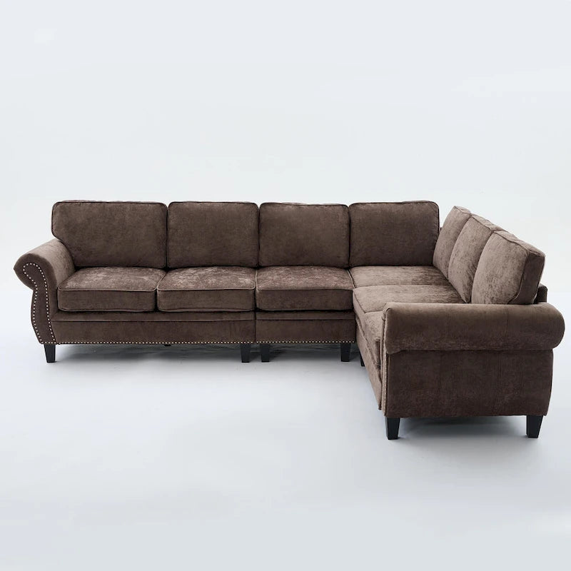 109.5 Chenille 6-Sitzer L-förmiges Ecksofa mit nietenverzierten gerollten Armlehnen, Kissen und Holzrahmen