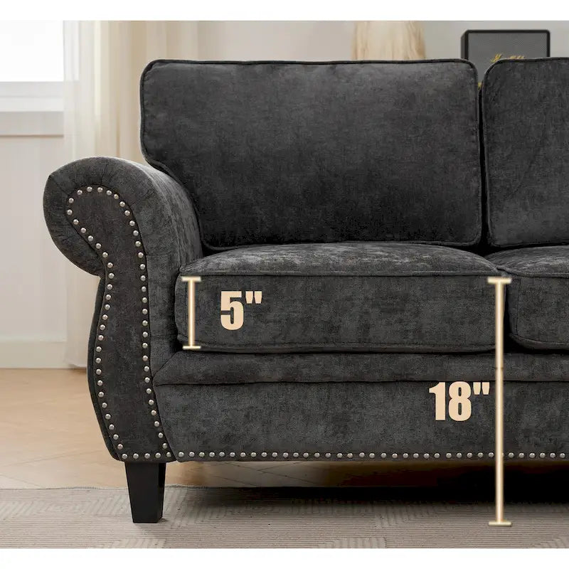 109.5 Chenille 6-Sitzer L-förmiges Ecksofa mit nietenverzierten gerollten Armlehnen, Kissen und Holzrahmen