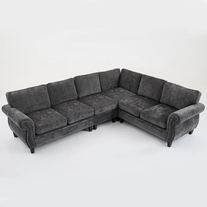 109.5 Chenille 6-Sitzer L-förmiges Ecksofa mit nietenverzierten gerollten Armlehnen, Kissen und Holzrahmen