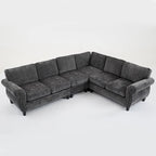 109.5 Chenille 6-Sitzer L-förmiges Ecksofa mit nietenverzierten gerollten Armlehnen, Kissen und Holzrahmen