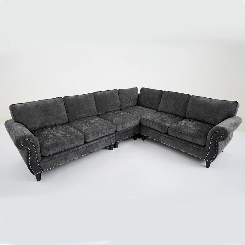 109.5 Chenille 6-Sitzer L-förmiges Ecksofa mit nietenverzierten gerollten Armlehnen, Kissen und Holzrahmen