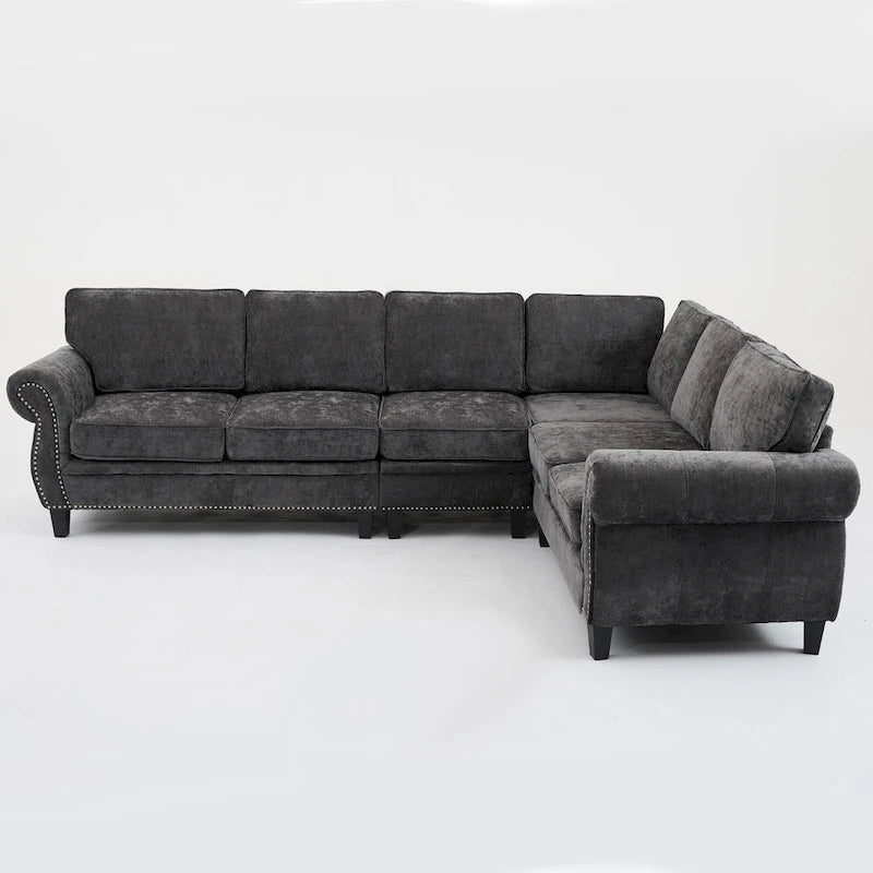 109.5 Chenille 6-Sitzer L-förmiges Ecksofa mit nietenverzierten gerollten Armlehnen, Kissen und Holzrahmen