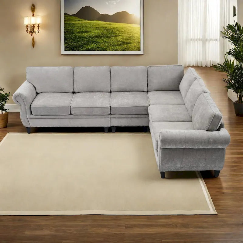109.5 Chenille 6-Sitzer L-förmiges Ecksofa mit nietenverzierten gerollten Armlehnen, Kissen und Holzrahmen