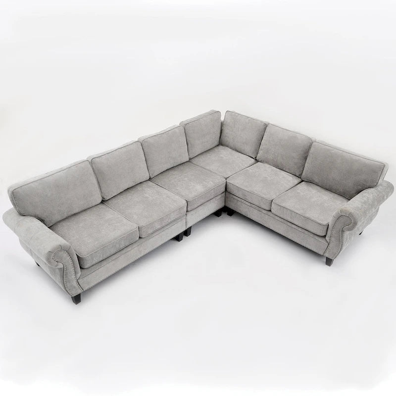 109.5 Chenille 6-Sitzer L-förmiges Ecksofa mit nietenverzierten gerollten Armlehnen, Kissen und Holzrahmen