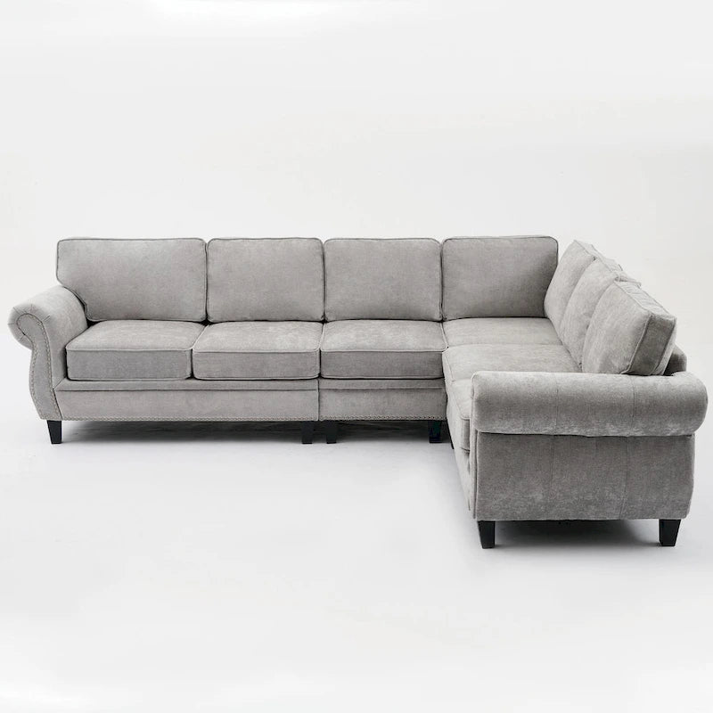 109.5 Chenille 6-Sitzer L-förmiges Ecksofa mit nietenverzierten gerollten Armlehnen, Kissen und Holzrahmen
