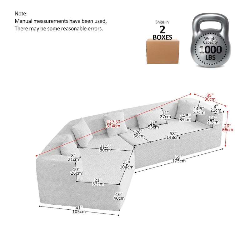 127.5Polyester Modulares Sektionssofa Wolkencouch mit tiefer Sitzfläche, keine Montage erforderlich und modernem minimalistischem Design