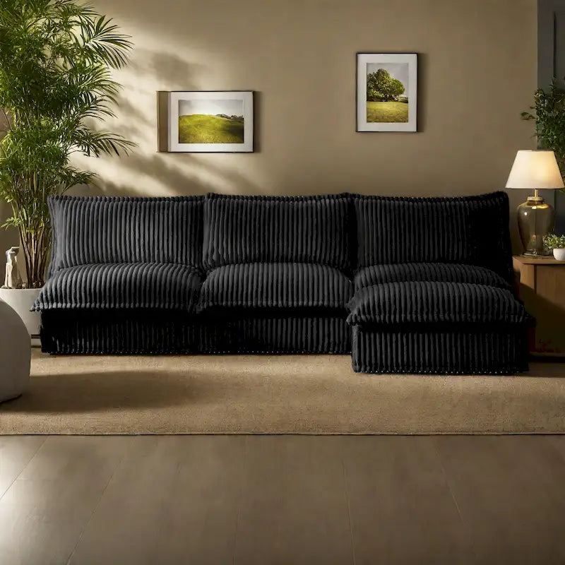 Cord-Samt 3-Sitzer Sektionalsofa ohne Armlehnen mit abnehmbarem Bezug und umwandelbarem Ottoman, modulares Design und abnehmbare Hussen