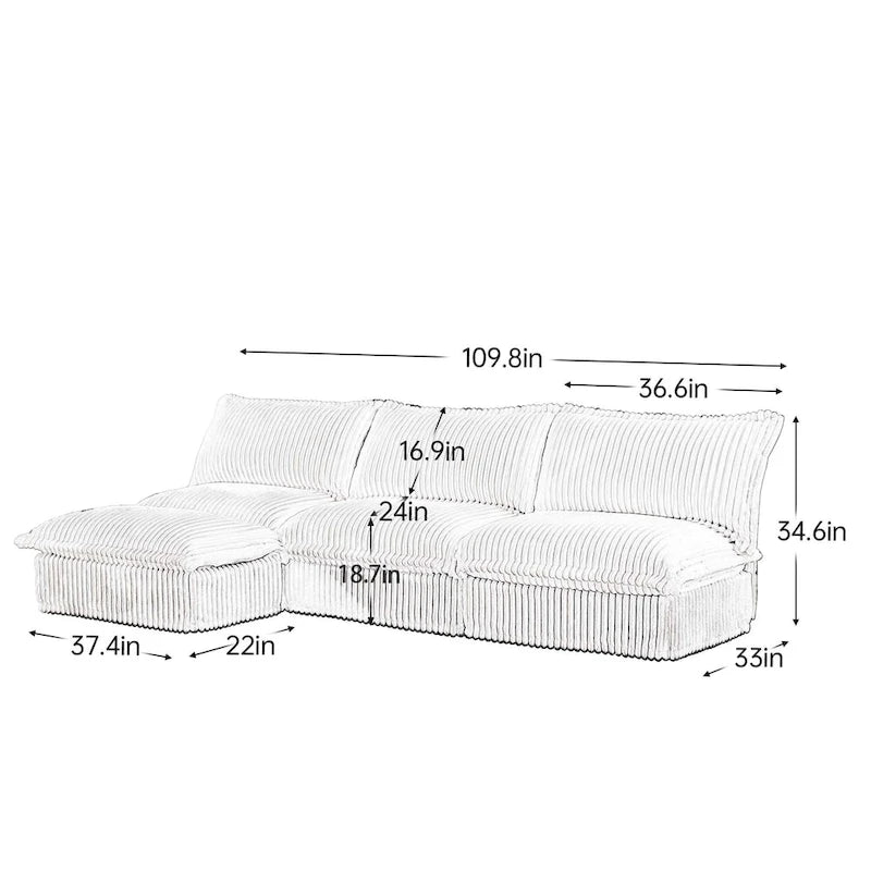 Cord-Samt 3-Sitzer Sektionalsofa ohne Armlehnen mit abnehmbarem Bezug und umwandelbarem Ottoman, modulares Design und abnehmbare Hussen