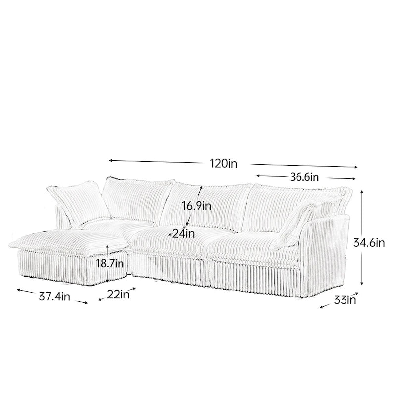 Cord-Samt 3-Sitzer Sektionalsofa ohne Armlehnen mit abnehmbarem Bezug und umwandelbarem Ottoman, modulares Design und abnehmbare Hussen