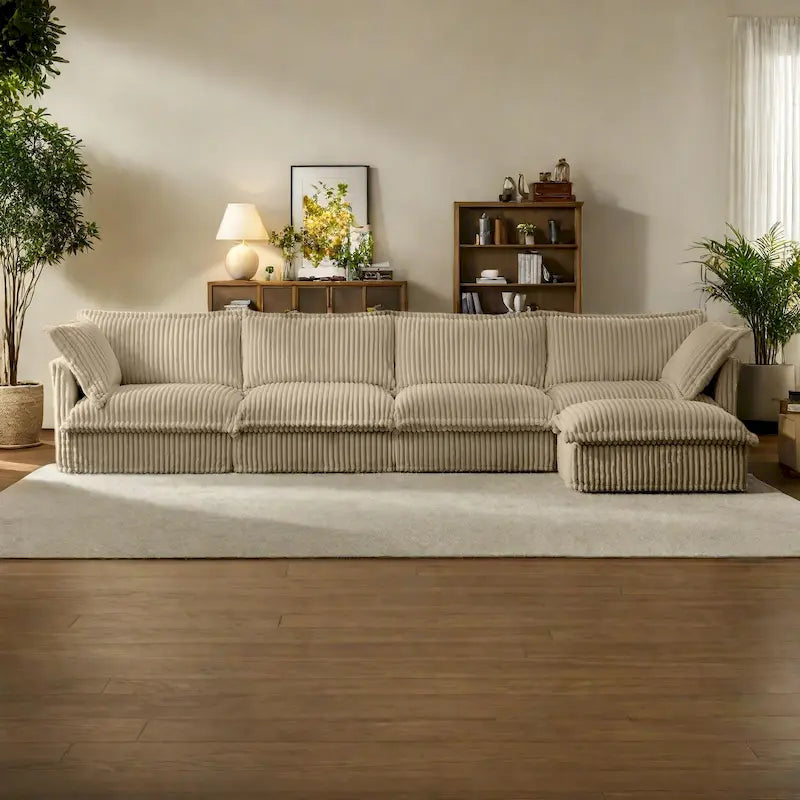 Cord-Sofa in L-Form mit abnehmbarem Bezug und tiefen Sitzen, 4-Sitzer-Couch mit weichen Armlehnen und 2 großen Kissen