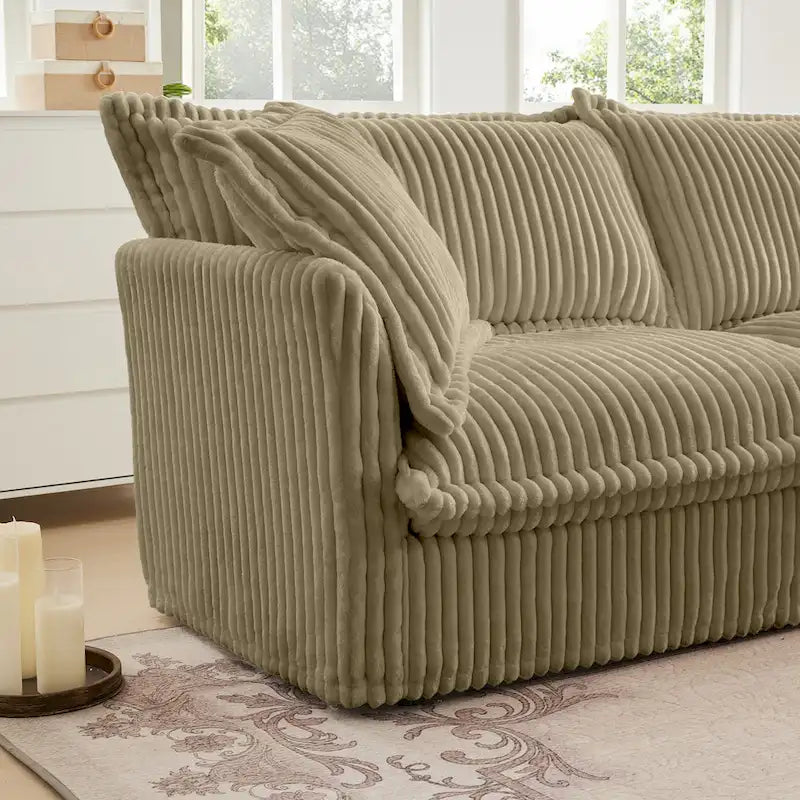 Cord-Sofa in L-Form mit abnehmbarem Bezug und tiefen Sitzen, 4-Sitzer-Couch mit weichen Armlehnen und 2 großen Kissen