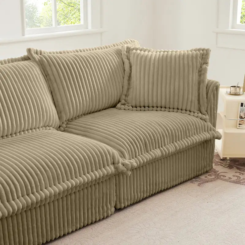 Cord-Sofa in L-Form mit abnehmbarem Bezug und tiefen Sitzen, 4-Sitzer-Couch mit weichen Armlehnen und 2 großen Kissen