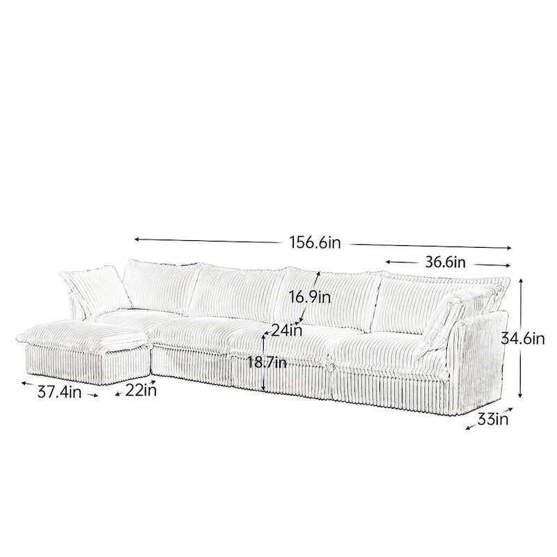 Cord-Sofa in L-Form mit abnehmbarem Bezug und tiefen Sitzen, 4-Sitzer-Couch mit weichen Armlehnen und 2 großen Kissen