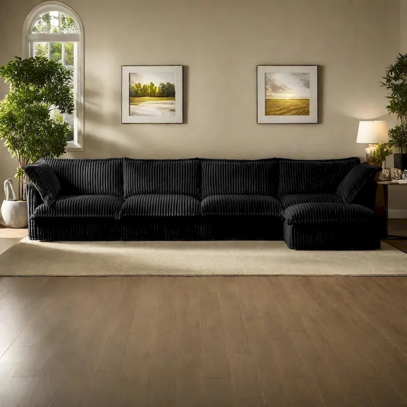 Cord-Sofa in L-Form mit abnehmbarem Bezug und tiefen Sitzen, 4-Sitzer-Couch mit weichen Armlehnen und 2 großen Kissen