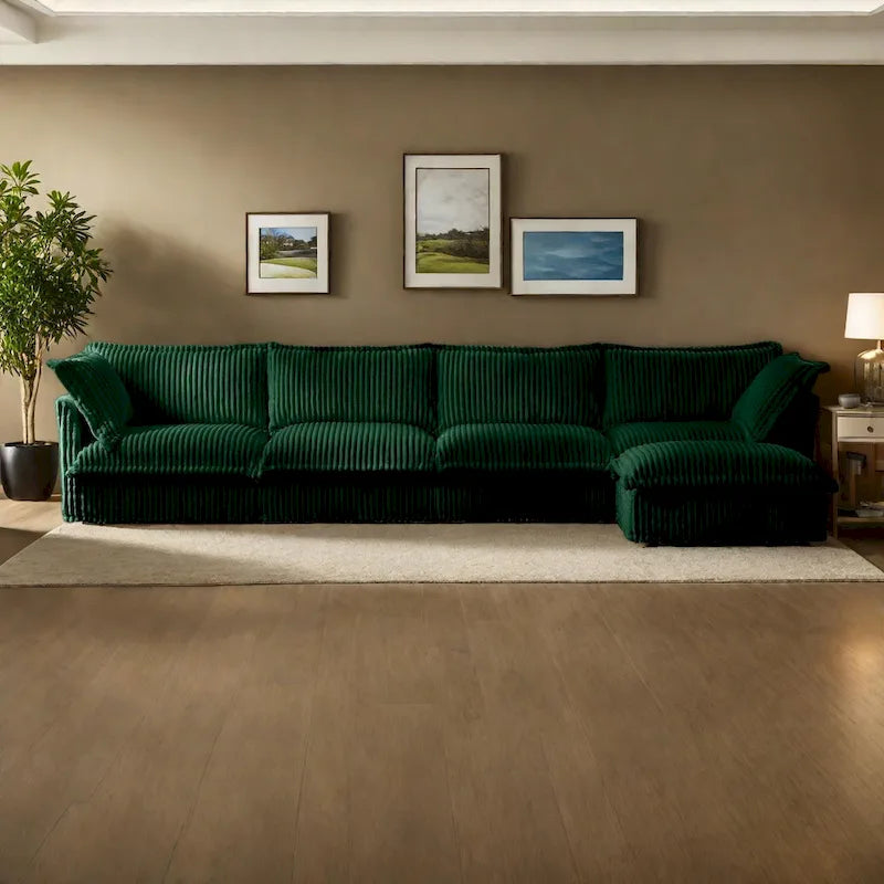 Cord-Sofa in L-Form mit abnehmbarem Bezug und tiefen Sitzen, 4-Sitzer-Couch mit weichen Armlehnen und 2 großen Kissen