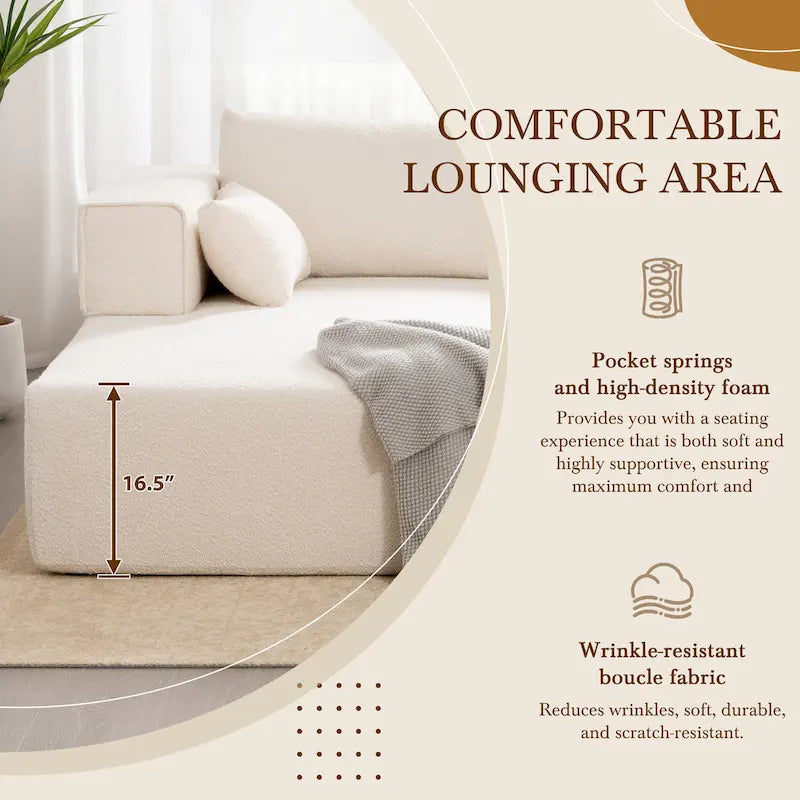 Modulares Ecksofa Boucle 112 mit kostenlosem Beistelltisch, breitem Sitzdesign und ohne Montage erforderlich