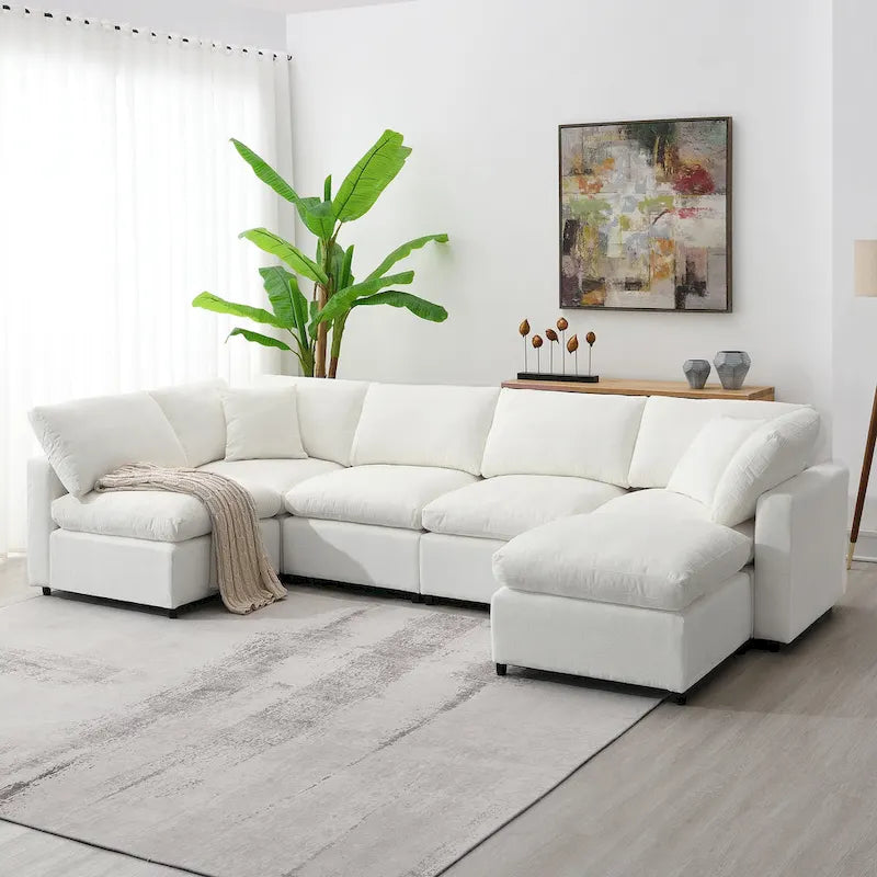 Beige 130 Chenille Cloud U-Shaped Sleeper Sectional Sofa, 6-Piece Modular Design