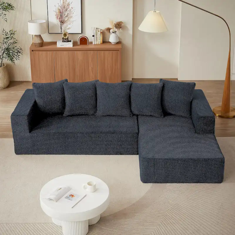 Blaues modulares L-förmiges 3-Sitzer-Ecksofa-Set 104.34 aus luxuriösem Chenille-Stoff mit Chaiselongue – minimalistisches Design
