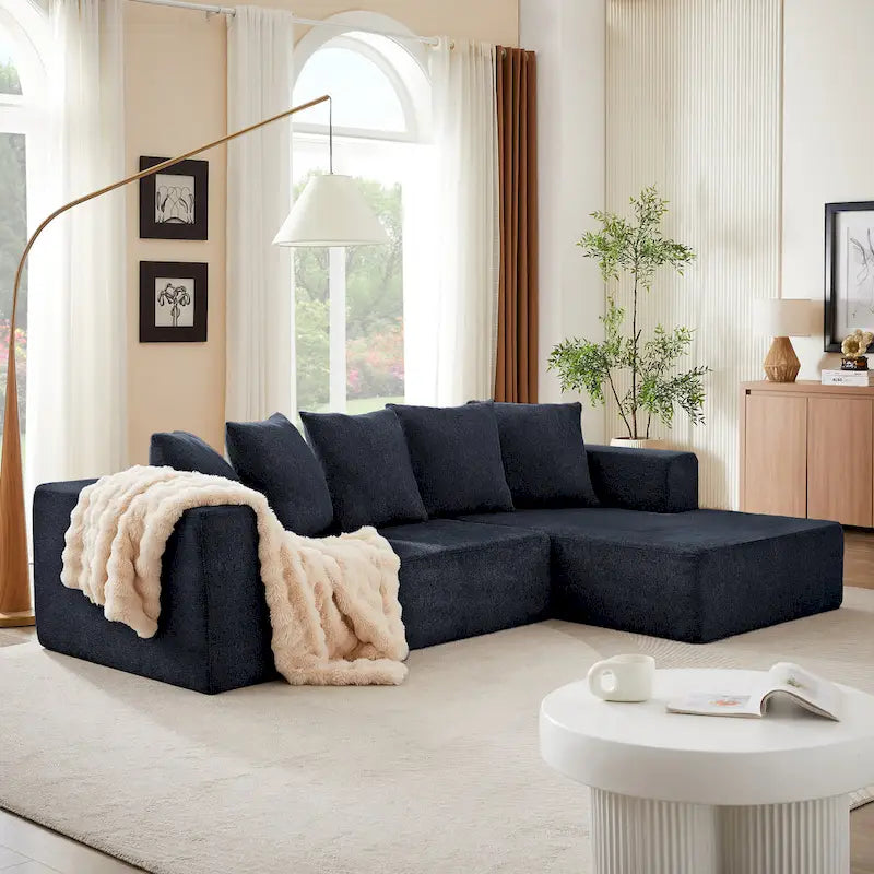 Blaues modulares L-förmiges 3-Sitzer-Ecksofa-Set 104.34 aus luxuriösem Chenille-Stoff mit Chaiselongue – minimalistisches Design