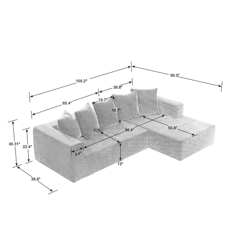 Blaues modulares L-förmiges 3-Sitzer-Ecksofa-Set 104.34 aus luxuriösem Chenille-Stoff mit Chaiselongue – minimalistisches Design