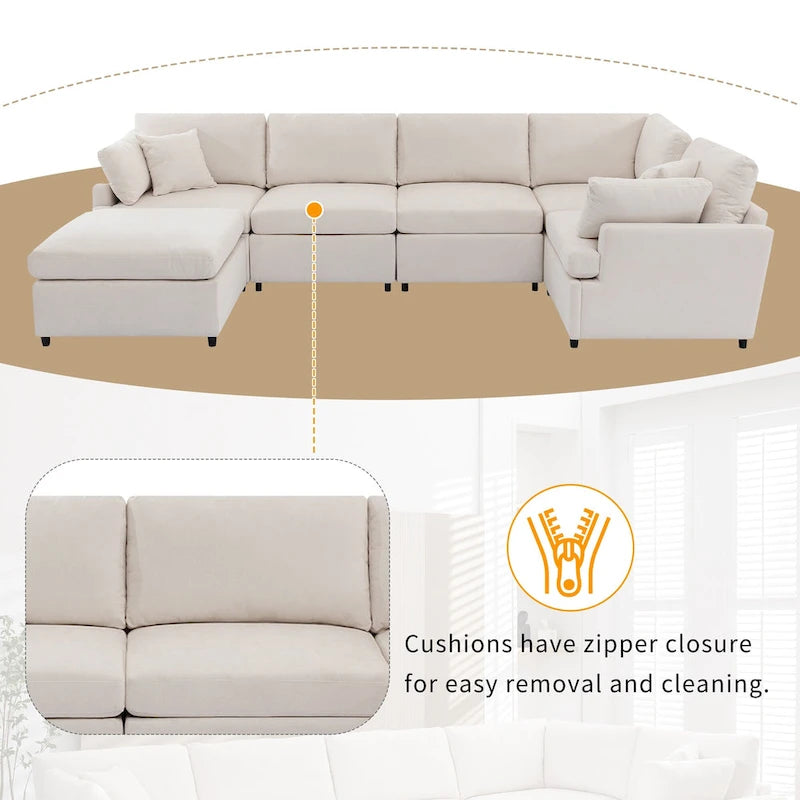 100,4 geräumiges U-förmiges 6-Sitzer-Ecksofa mit abnehmbaren Ottomanen und Kissen, flexible Konfiguration