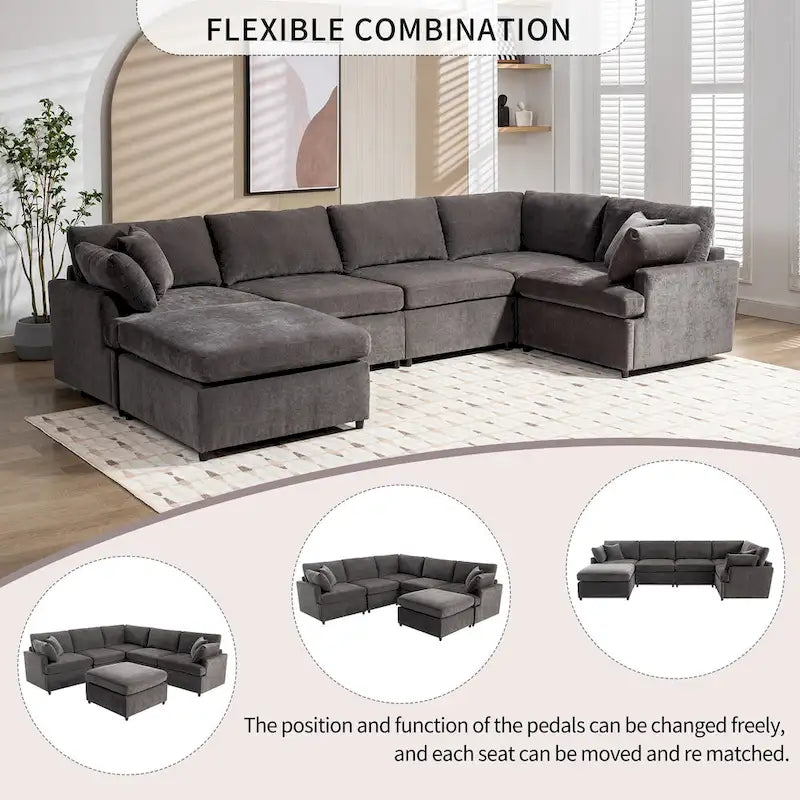 100,4 geräumiges U-förmiges 6-Sitzer-Ecksofa mit abnehmbaren Ottomanen und Kissen, flexible Konfiguration