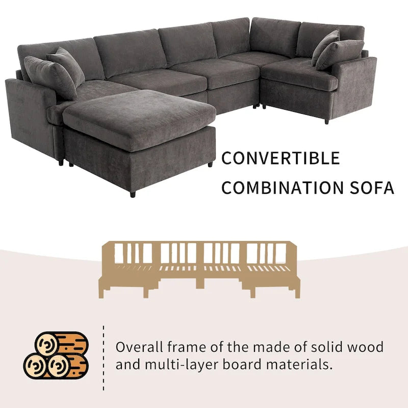 100,4 geräumiges U-förmiges 6-Sitzer-Ecksofa mit abnehmbaren Ottomanen und Kissen, flexible Konfiguration