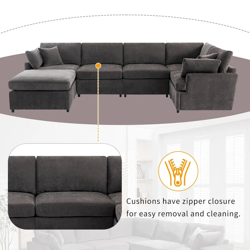 100,4 geräumiges U-förmiges 6-Sitzer-Ecksofa mit abnehmbaren Ottomanen und Kissen, flexible Konfiguration