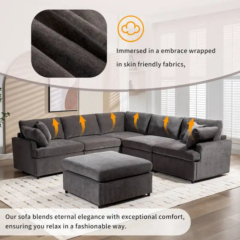 100,4 geräumiges U-förmiges 6-Sitzer-Ecksofa mit abnehmbaren Ottomanen und Kissen, flexible Konfiguration