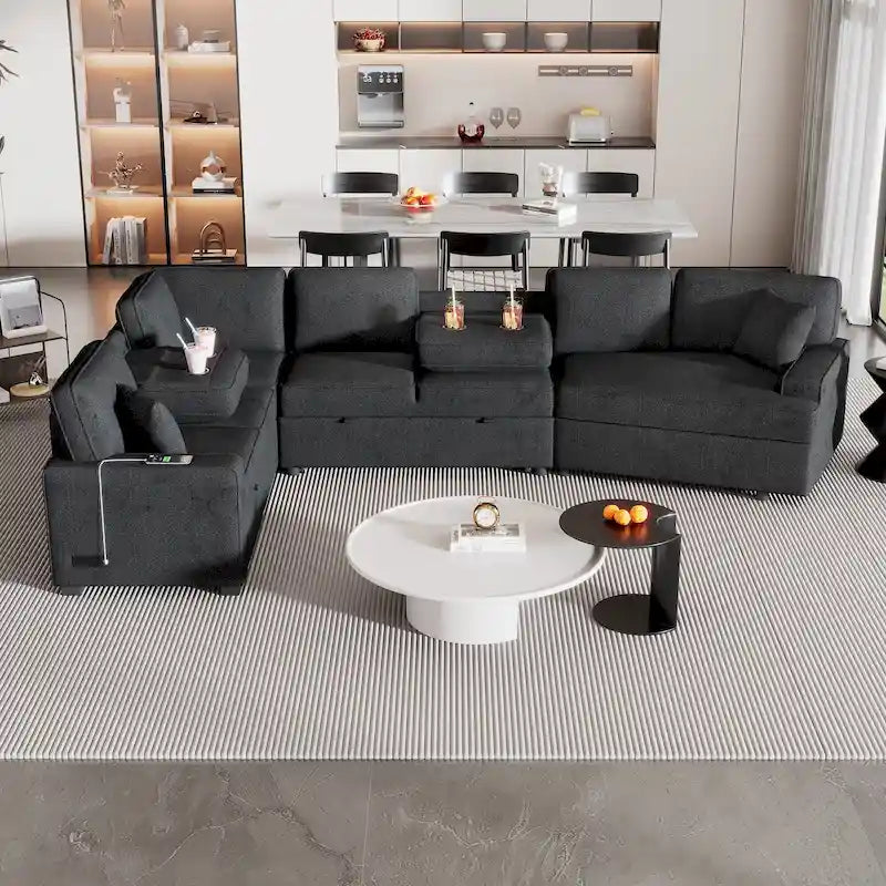 Schwarzes L-förmiges 6-Sitzer-Sofa mit Ausziehbett und Getränkehaltern, 126 cm