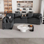 Schwarzes L-förmiges 6-Sitzer-Sofa mit Ausziehbett und Getränkehaltern, 126 cm