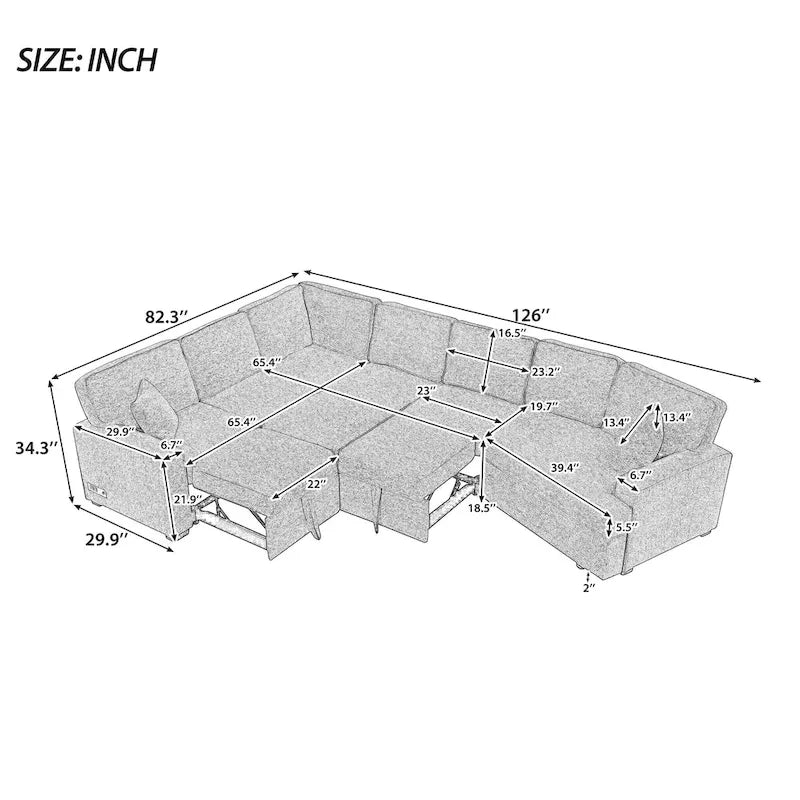 Schwarzes L-förmiges 6-Sitzer-Sofa mit Ausziehbett und Getränkehaltern, 126 cm