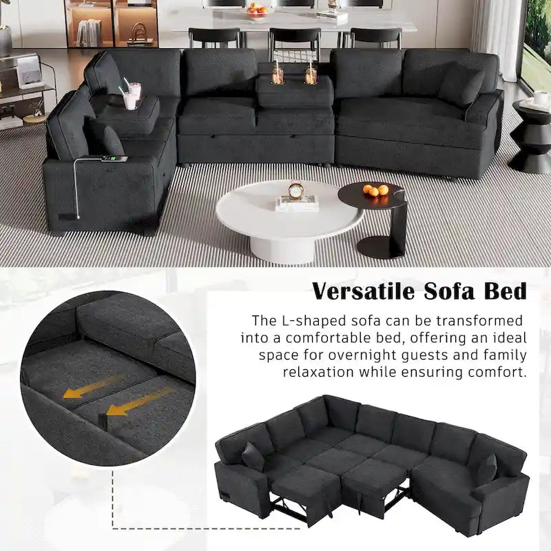Schwarzes L-förmiges 6-Sitzer-Sofa mit Ausziehbett und Getränkehaltern, 126 cm